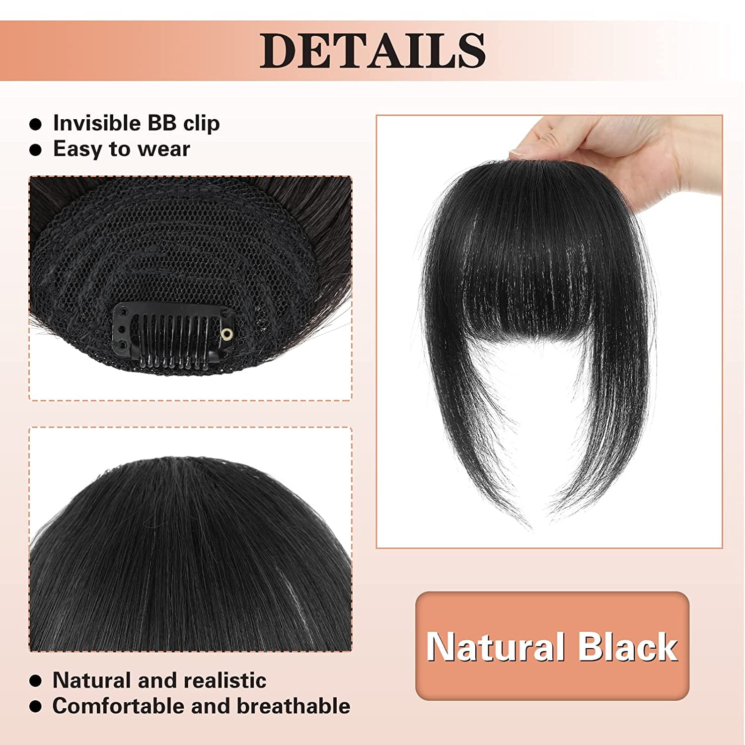 Bangs Hair Clip in Bangs 100% Real Human Hair Extensions French Bangs Clip on Hair Bangs for Women Fringe with Temples Hairpieces Curved Bangs for Daily Wear (Color #1 Natural Black)