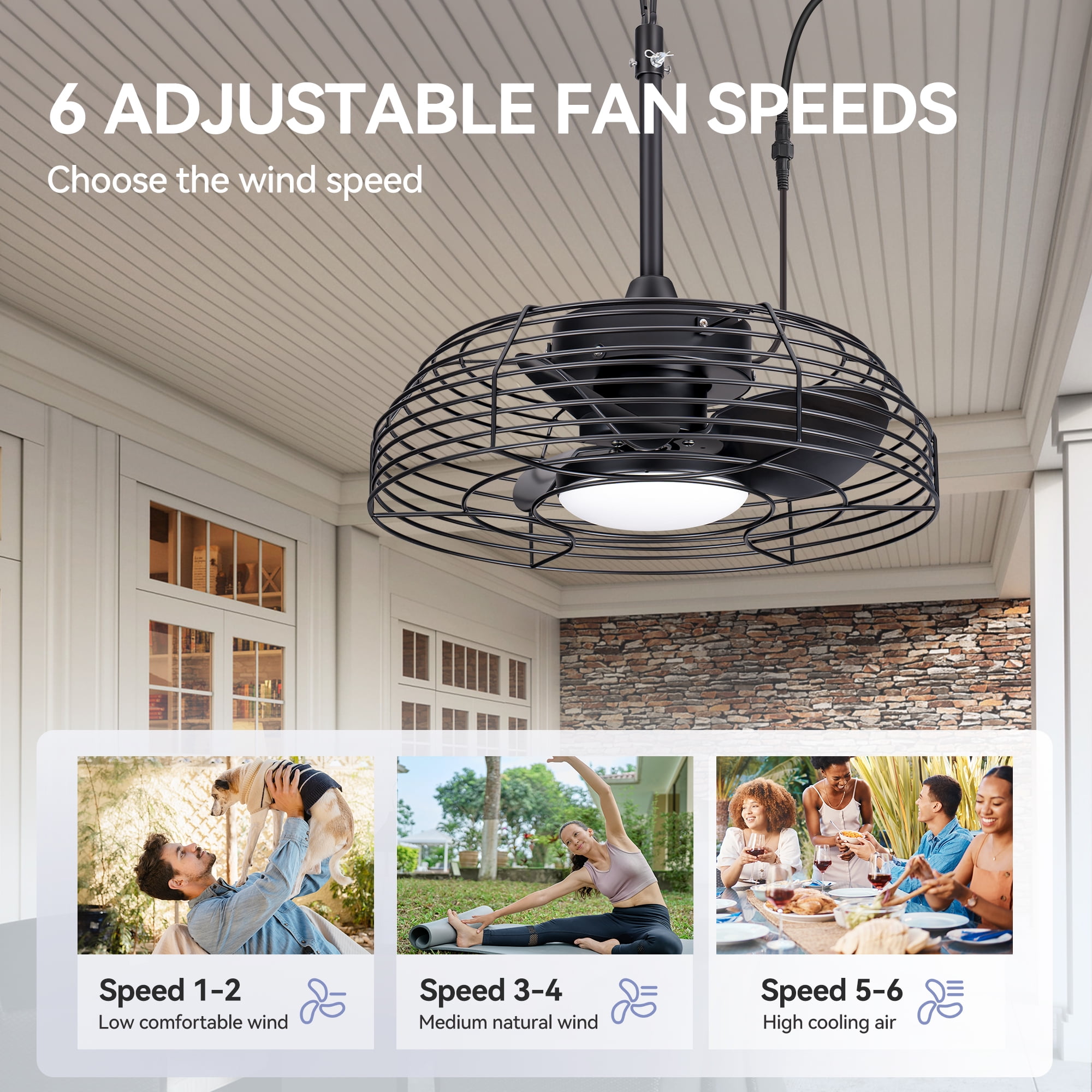 ALKAFY 19 inch Waterproof Black Ceiling Fan with 24W LED Light & Remote - 5M Cord, 6 Speeds for Bathroom & Porch