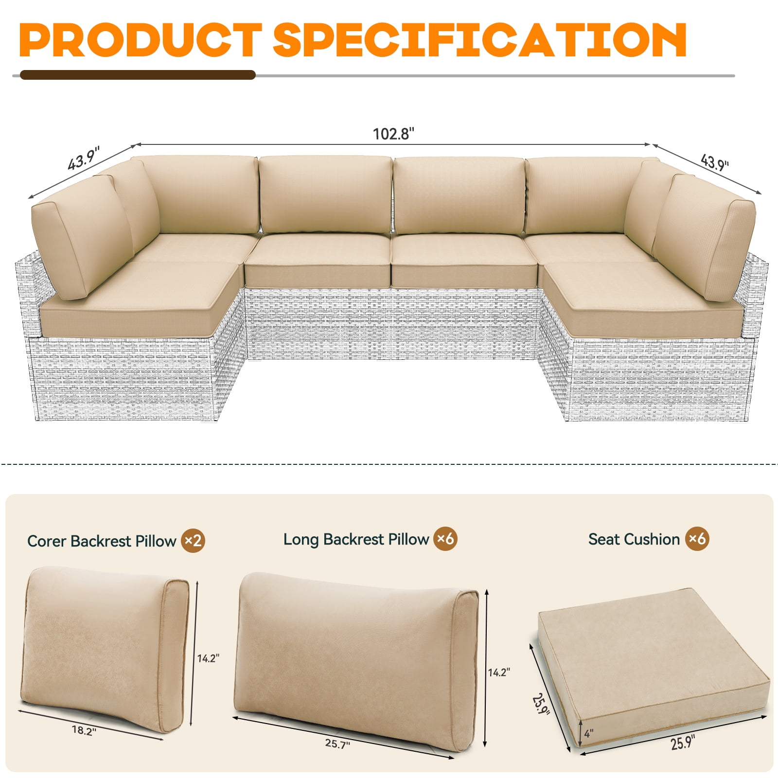 Outdoor Cushions Set of 14 for 7 Pieces Sectional Rattan Conversation Sets,Outdoor Furniture Replacement Cushions for Patio Furniture,4-INCH Replacement Sofa Cushions