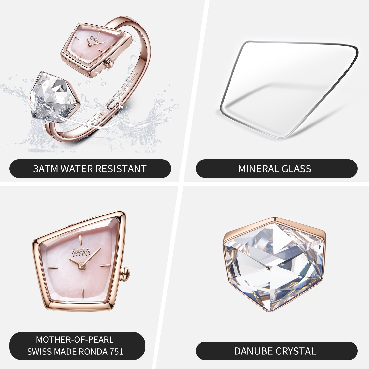 Watches for Women SAGA Illusion Ladies Crystal Bracelet Watch, Quartz, Pink Blue Dial, Crystal Bezel, Silver Tone, Gift for Women