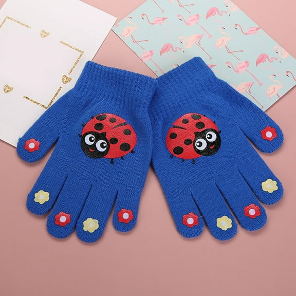Dyfzdhu Winter Fashion Cute Animal Print Kids Hooded Knit Warm Finger Gloves Blue