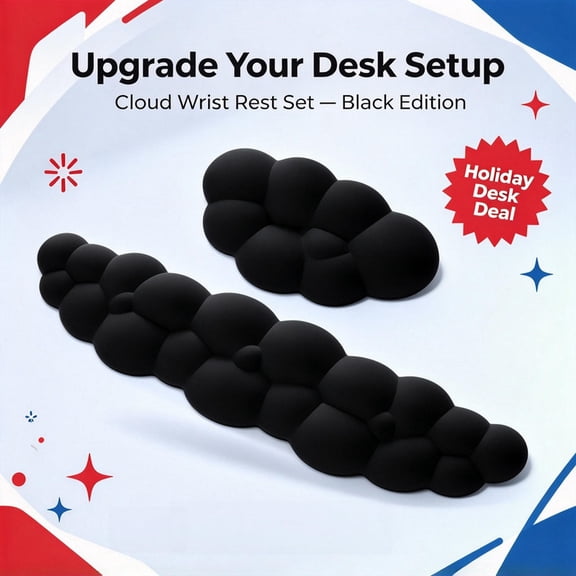 Black Cloud Keyboard Wrist Rest Set,Cloud Wrist Rest with Non-Slip Base,PU Leather Wrist Pad for Keyboard with Ergonomic Memory Foam for Computer Laptop Office Gaming and Pain Relief