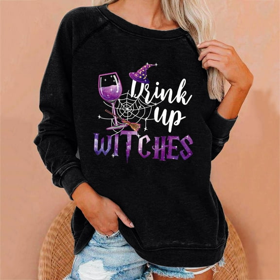Lolmot Drink Up Witches Halloween Sweatshirt for Women Glass/Hat/Cobweb Graphic Print Long Sleeve Crewneck Pullover Tops Oversized Sweatshirt