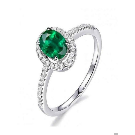 Halo 1.50 Carat Emerald and Diamond Engagement Ring in 14k White Gold affordable emerald and diamond engagement ring