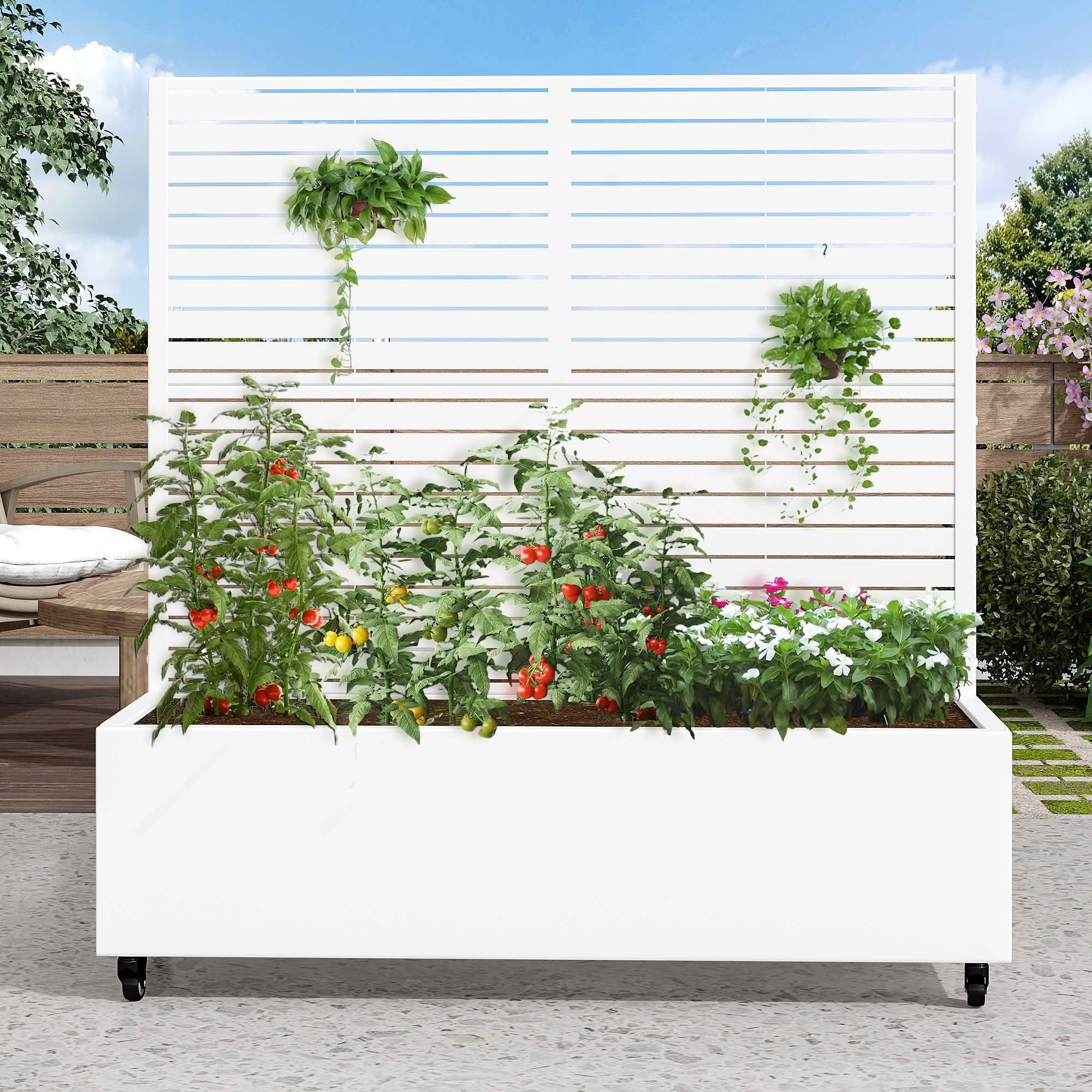 MAYEERTY 47x47x16 Inch White Metal Rectangular Planter Box with Trellis, 3 Piece Set for Outdoor Garden & Patio