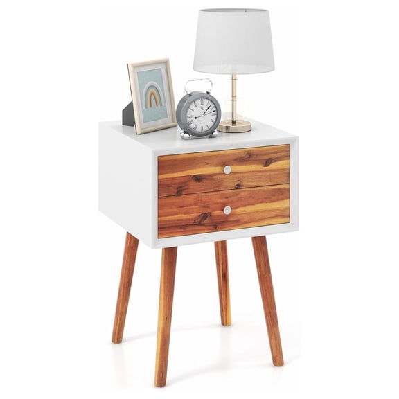 Nightstand with 2 Drawers, Small Wooden Side Table, Century Modern Bedside Table with Storage, Compact End Table for Bedroom, Easy Assembly, White & Natural