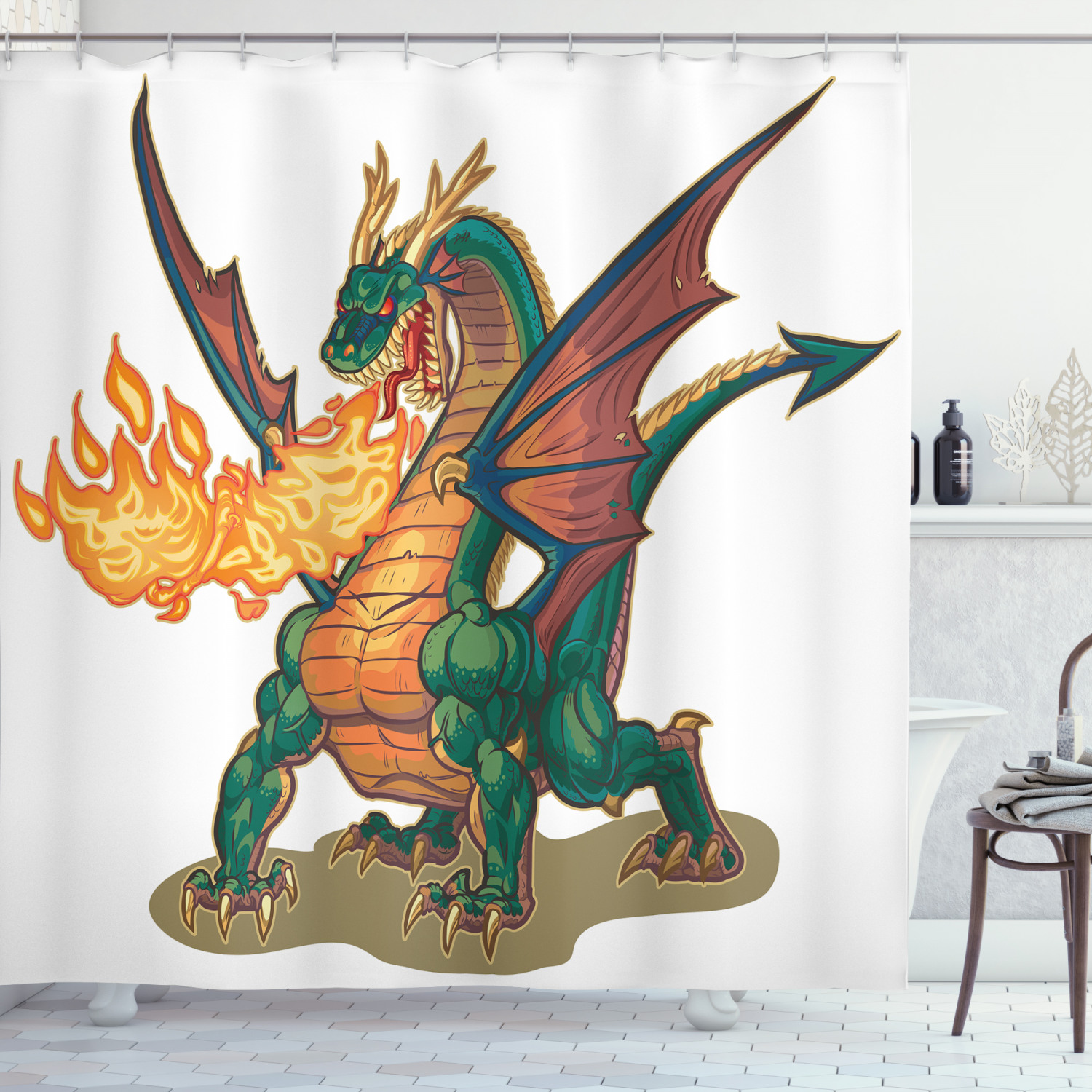 Dragon Shower Curtain, Mythical Fire Spitting Monster Dreamy Mascot