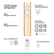 Logitech Spotlight Presentation Remote - Universal Wireless Presentation Clicker with Laser Pointer, Bluetooth, 30 m Range and Quick Charging, Gold