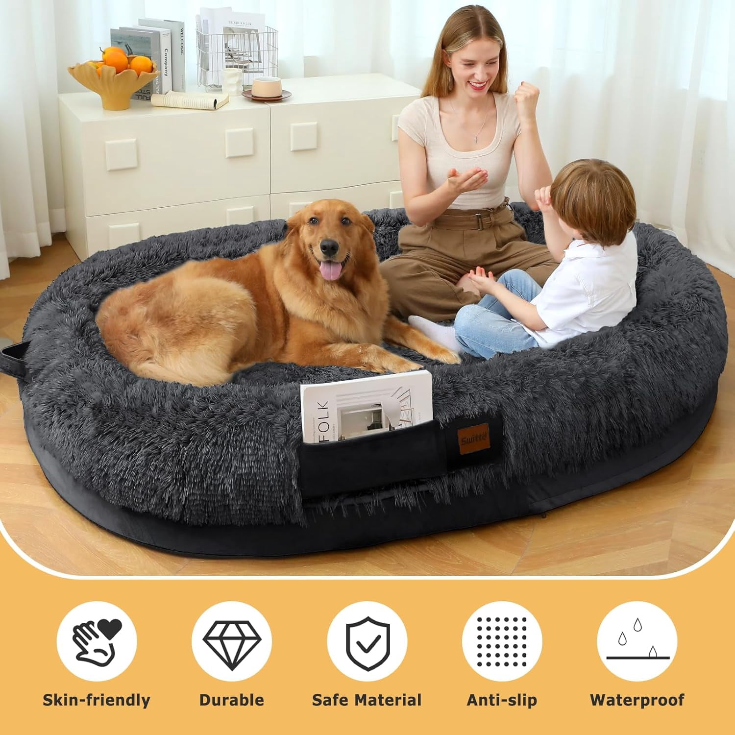 SWITTE Human Dog Bed for Adult, 71"x47"x13" Washable Large Human Size Dog Bed with Blanket for People Doze Off, Removable Giant Dog Bed with Pillow for Adult Pet - Dark Grey