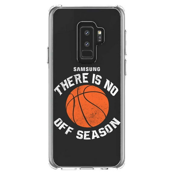 DistinctInk Clear Shockproof Hybrid Case for Samsung Galaxy S9  PLUS (6.2" Screen) - TPU Bumper Acrylic Back Tempered Glass Screen Protector - Basketball There is No Off Season