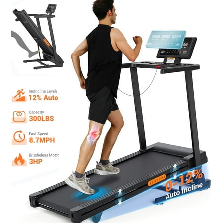 3HP Foldable Treadmill with 12-Level Auto Incline, 8.7MPH Max Speed, Dprodo Foldable Eltreadmill for Home Gyms, Running & Walking