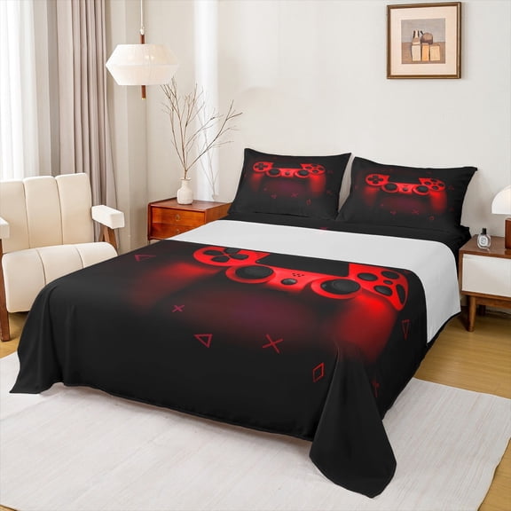Manfei Game Repeat Twin Sheet Sets for Teen, Black Red Game Console Twin Fitted Sheet, Cartoon Gamepad Gaming Flat Sheet, Microfiber Bedroom Decor, 3 Pieces