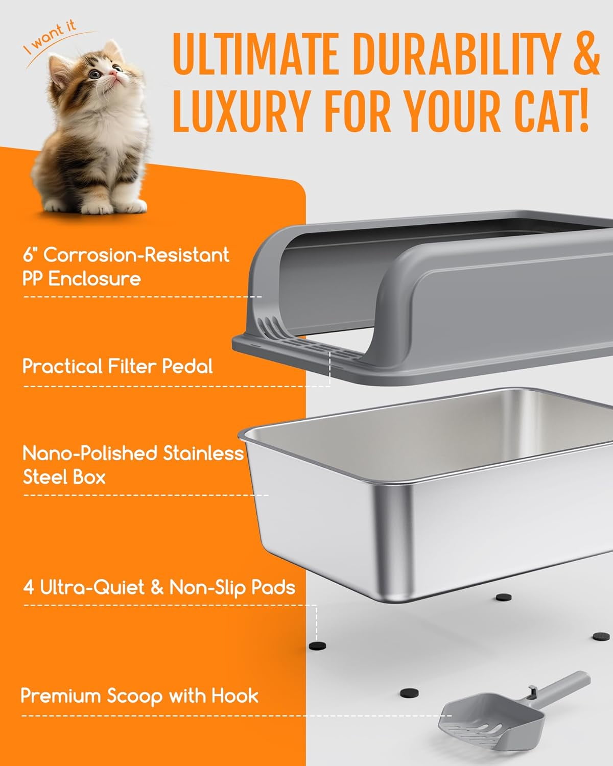 Stainless Steel Cat Litter Box with Scoop, High Sided Anti-Leakage Top Entry, Non-Sticky Easy to Clean Grey Metal Pet Pan