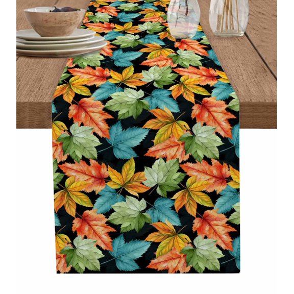 Orange Green Maple Leaf Table Runner 36 Inches, Watercolor Botanical Retro Bed Runner Dresser Scarves Tabletop for Indoor Outdoor Parties/Ceremony/Banquet, 13"x 36"