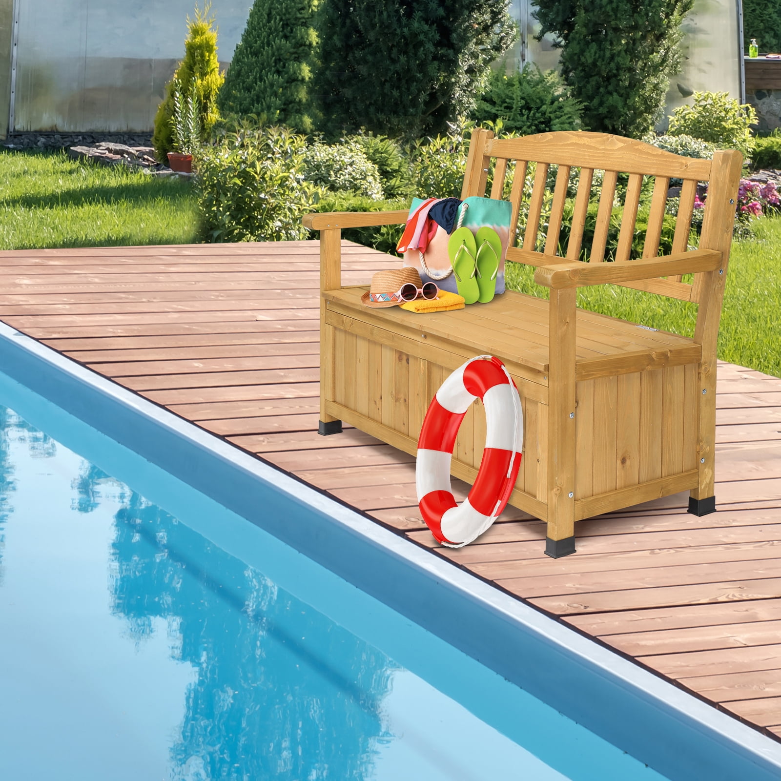 Outdoor Wooden Storage Bench, Large Deck Box with Seating & Armrest, Patio Organizer Loveseat for Garden Porch Deck Backyard Poolside