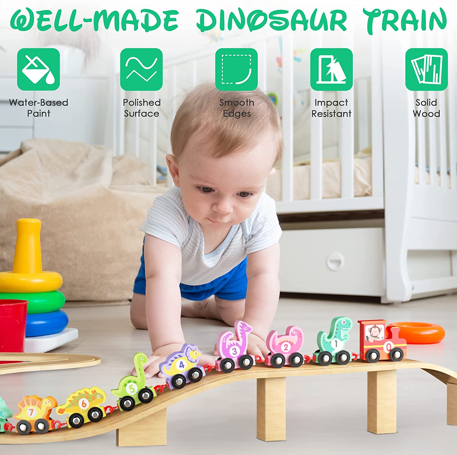 Wooden Dinosaur Train Set with Numbers,11 Pieces Train Cars