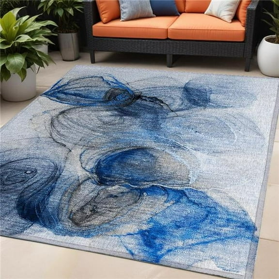 HomeRoots 560005 5 x 8 ft. Ivory Blue & Gray Abstract Washable Non Skid Indoor Outdoor Rectangle Machine Woven Area Rug
