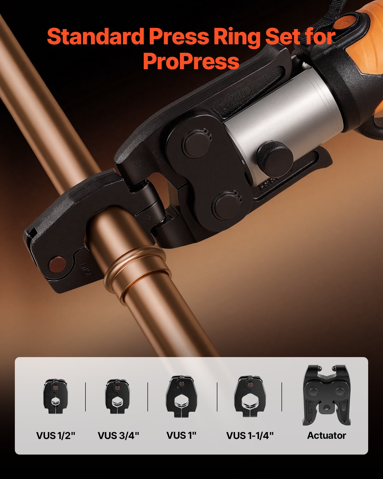 VEVOR 5PCS ProPress Pressing Kit, 4PCS Press Rings (1/2" to 1-1/4") & R8 Actuator for ProPress Copper Pipes, Compatible with 32KN Standard Series Press Tools for 180° Operation - with Case