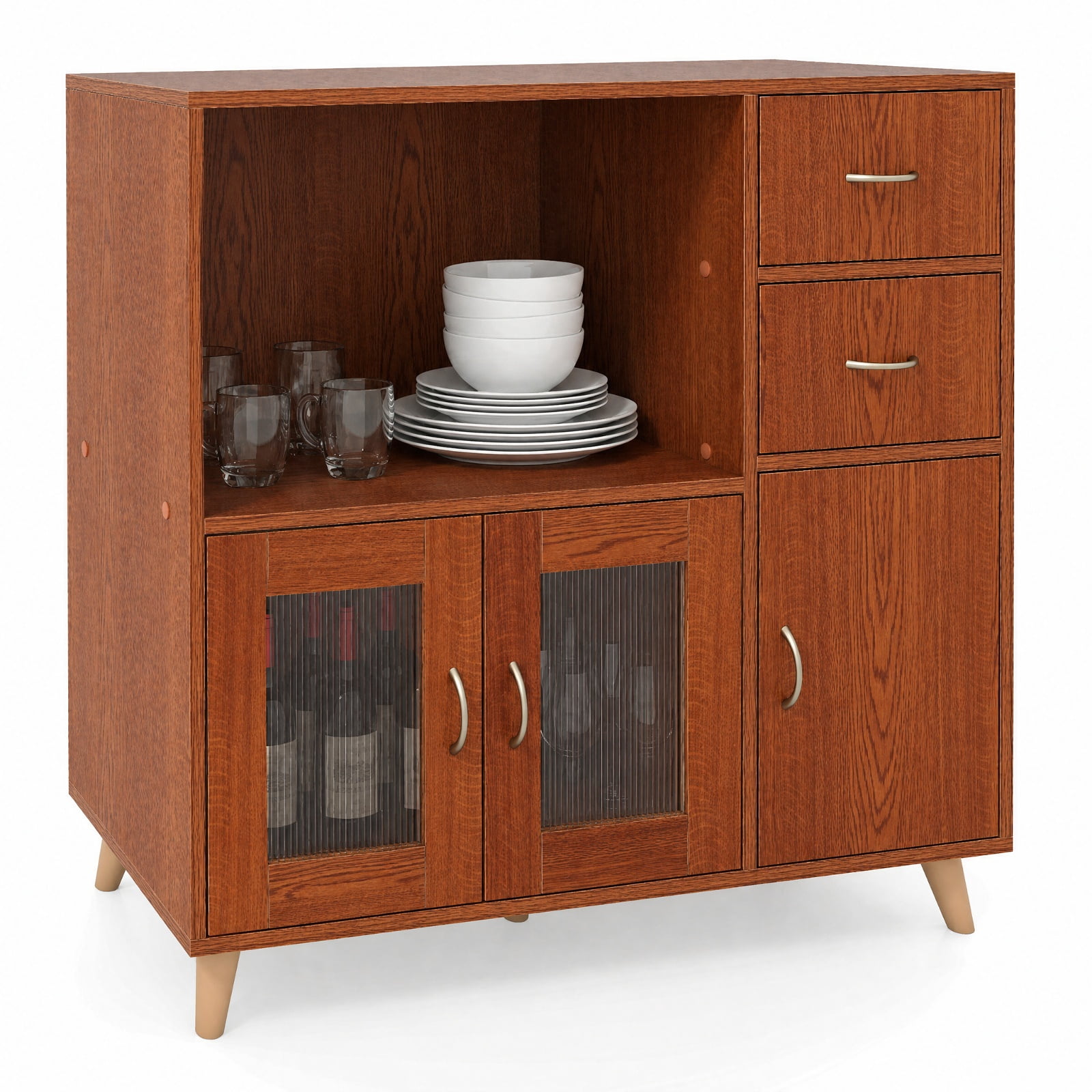 Furnibear 36 Inch Sideboard Buffet Cabinet with Open Compartment for Kitchen Dining Living Room Buffet Storage Server, Brown