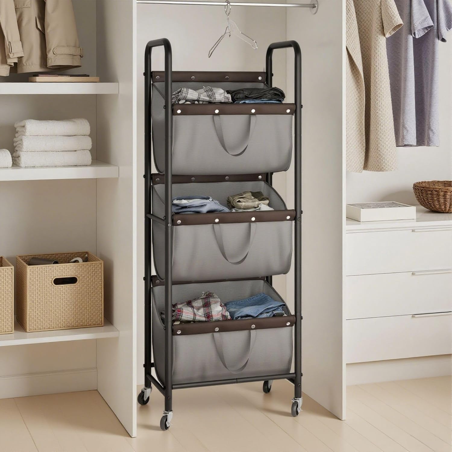 GRANNY SAYS 3 Tier Laundry Basket with Wheels, 120L Rolling Laundry Hamper Sorter, Metal Frame Laundry Organizer, 3 Bin Removable Bags, Gray