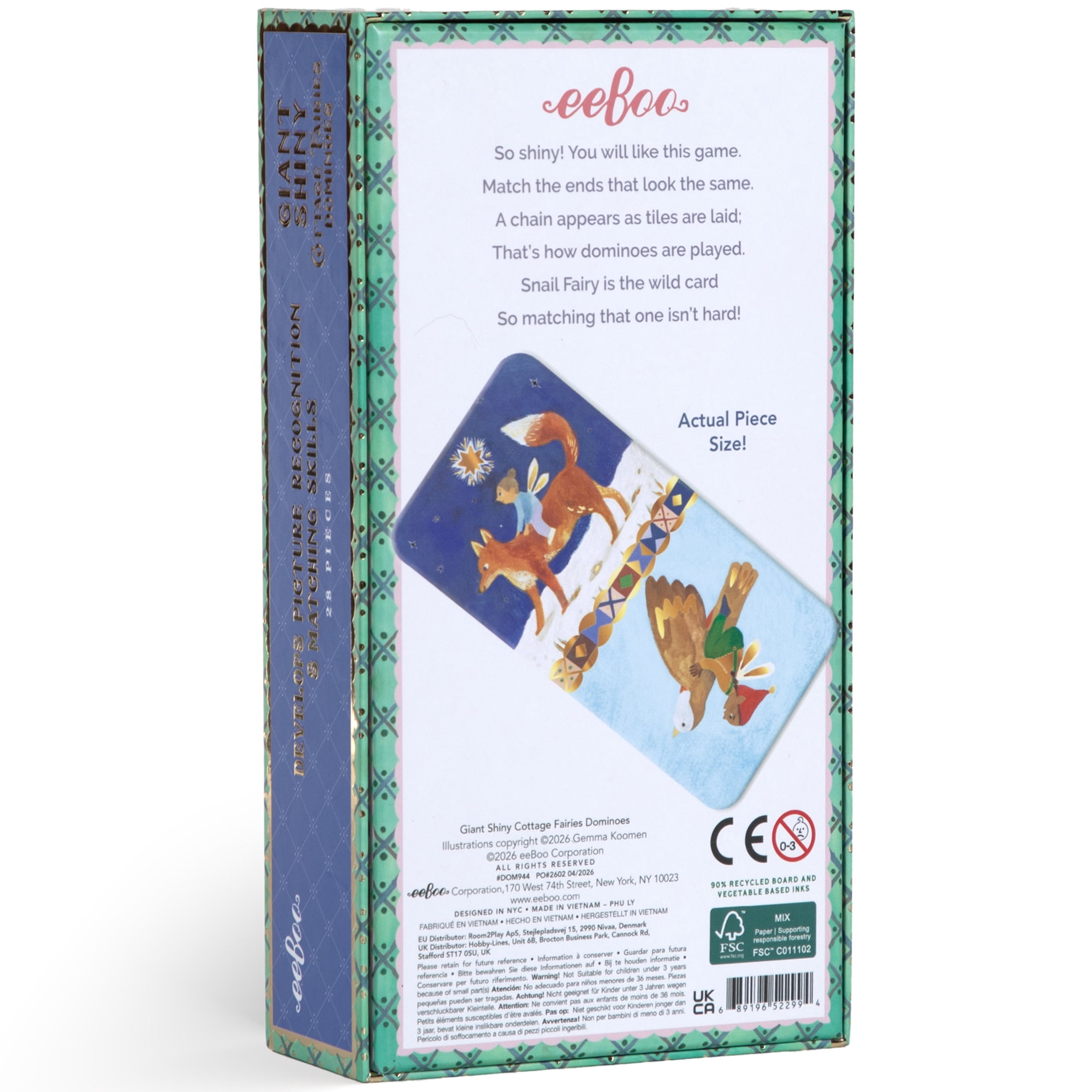 eeBoo Cottage Fairies Giant Shiny Dominoes, Ages 3+, For 2+ Players - Reinforces Matching, Counting, And Sequencing Skills Through Hands-On Play