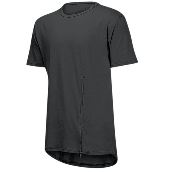 HOOMEUMY Men's Solid Color Zipper T-Shirt Short Sleeve Casual Breathable Crew Neck Asymmetric Long Cut T-Shirt Gray XXL