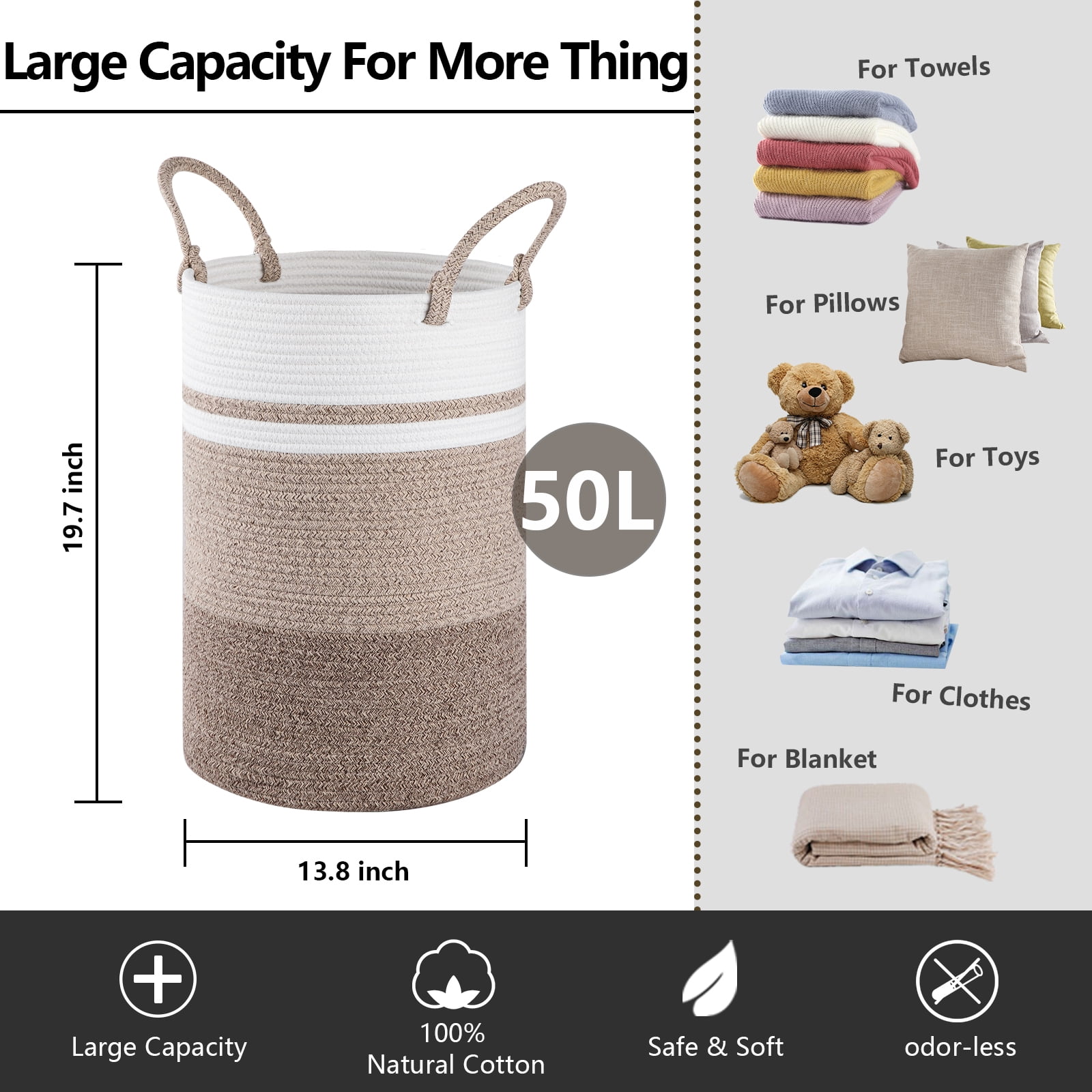 Cherishgard Laundry Hamper?Woven Cotton Rope Laundry Hamper with Handles for Blanket, Toys