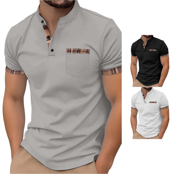 Men's Spring/summer Fashion Stand Collar Solid Color Button Chest Pocket T Shirt Comfortable Breathable Top Big & Tall Shirts for Men Shirts Men Pack Men Set Short Sleeve Scrub Jackets Men T