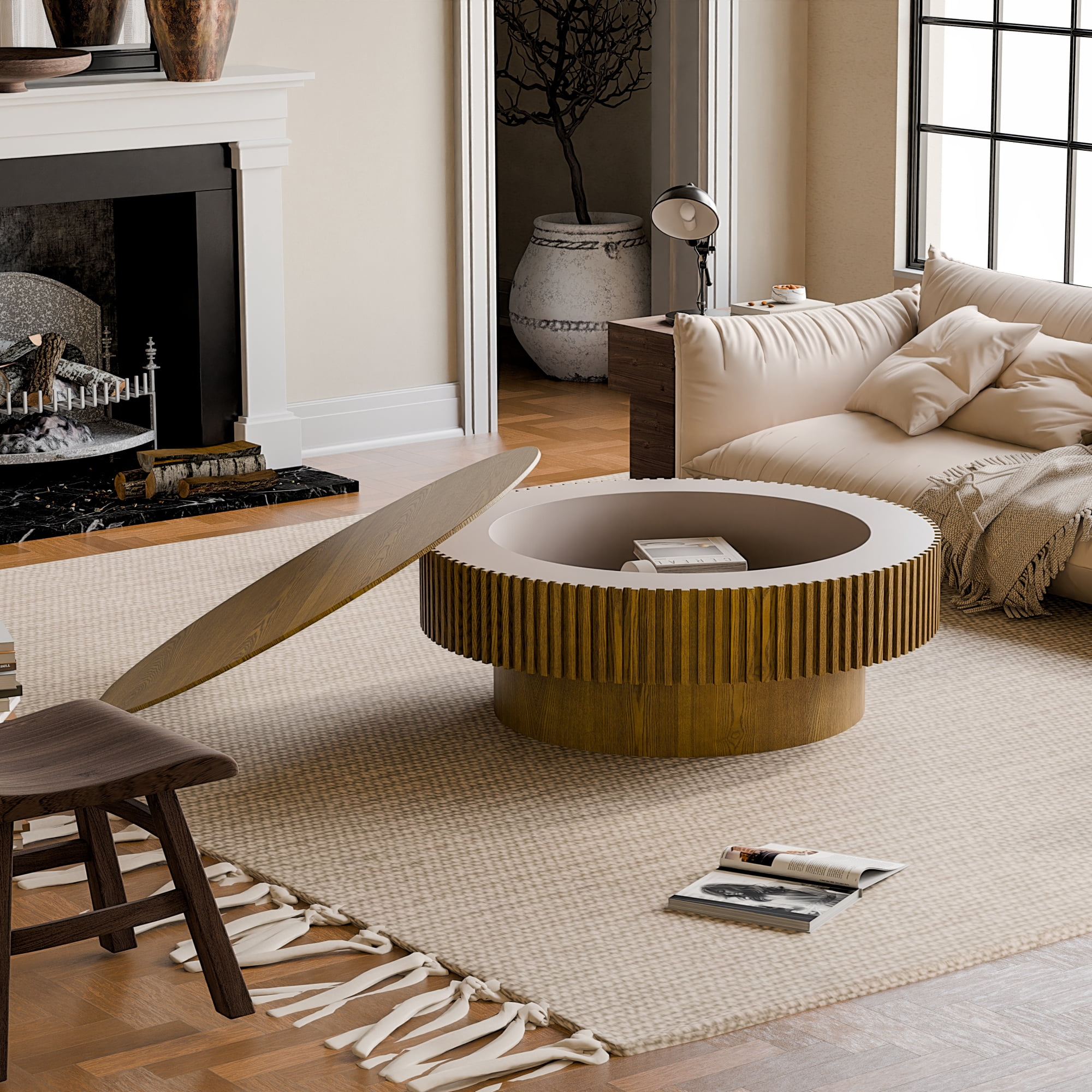 Round Coffee Table with Storage, Mid-Century Modern Solid Wood Center Table for Living Room, 39.37'' Large Circle Wooden Accent Table for Living Room, Bedroom, Apartment or Office