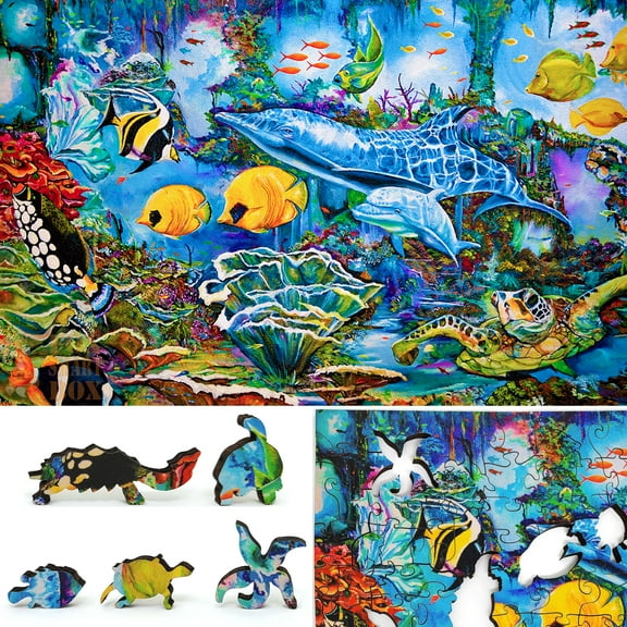 Wooden Jigsaw Puzzles for Adults with Uniquely Shaped Pieces - made in USA by FoxSmartBox - 165 Pieces - Sea World