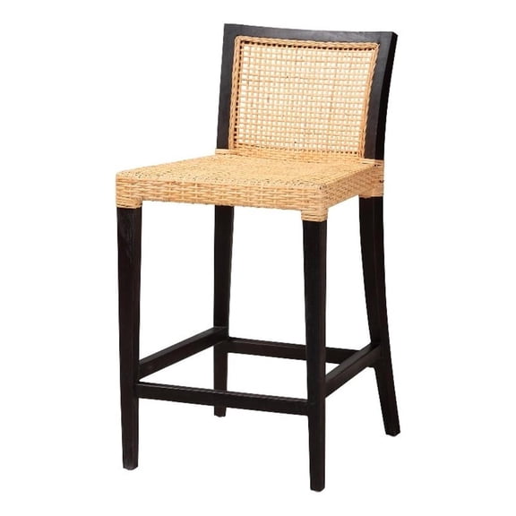 Baxton Studio Lingga Dark Brown Mahogany Wood and Natural Rattan Counter Stool