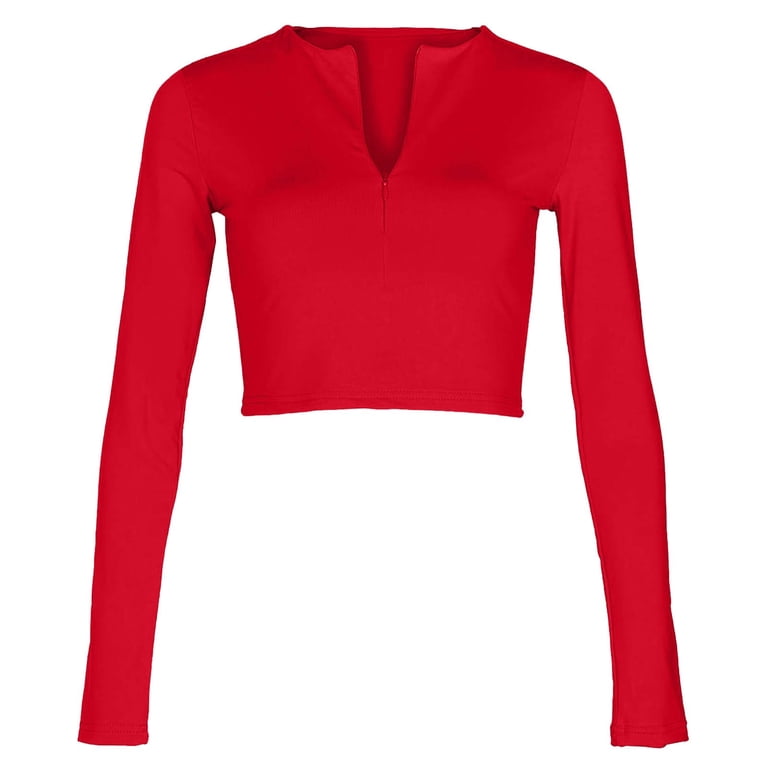 Womens Summer Tops Long Sleeve Quarter Zip Crop Fleece Lined V