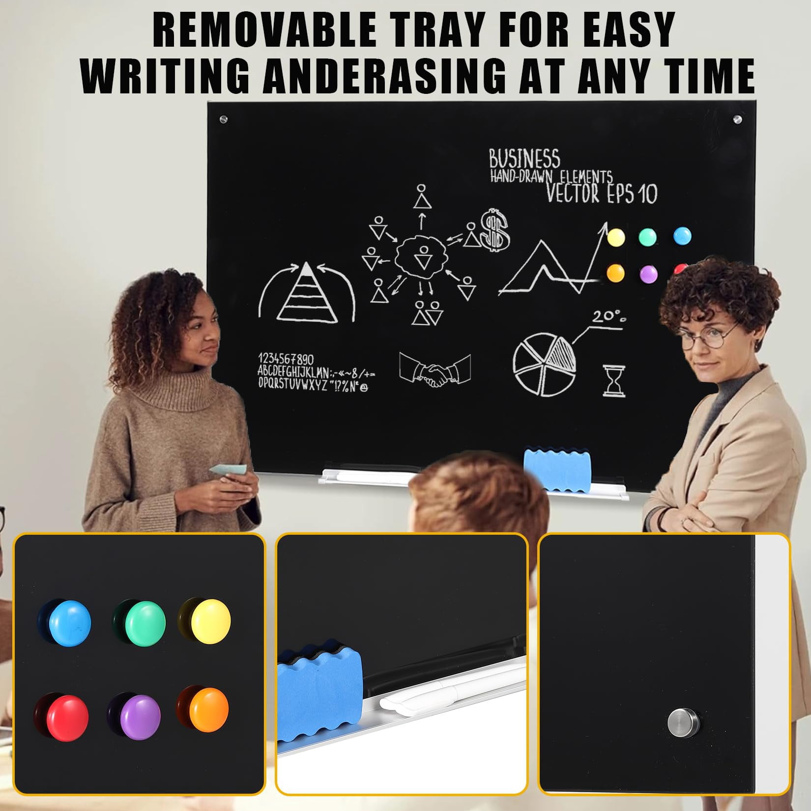 Magnetic Glass Whiteboard Frameless Dry Erase Board with 6 Strong Magnets, Tempered Glass Writing Board for Office, Home & School, White, 47.2" x 35.4"