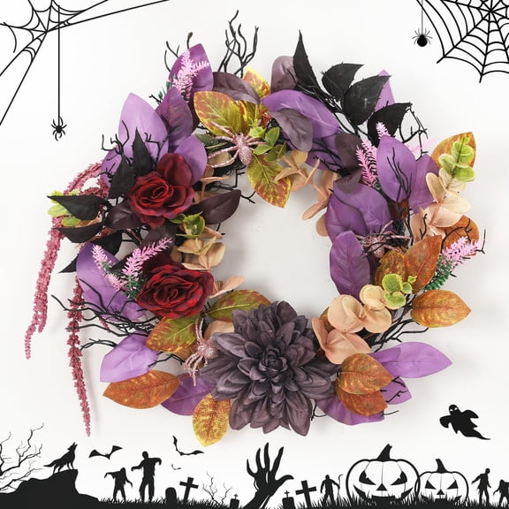 18 Inches Halloween Wreath, Halloween Door Decorations with Purple Red Roses, Fall Wreaths for Front Door, Window Decor for Indoor Outdoor Wall