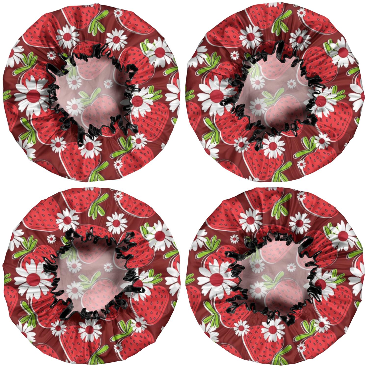 Shower Caps,Red Strawberry Plants Fruit Flower Waterproof Shower Cap for Women 4 Pieces,Double Reusable Hair Cover for Shower PEVA Elastic Stretch Hem