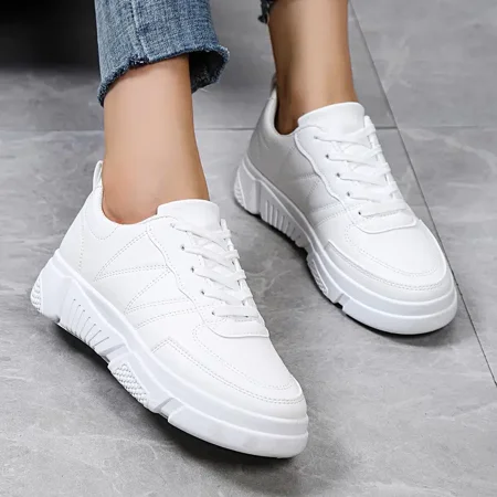 

White Thick Sole Lace-up Skate Shoes For Women Fashion All-match Casual Sneakers