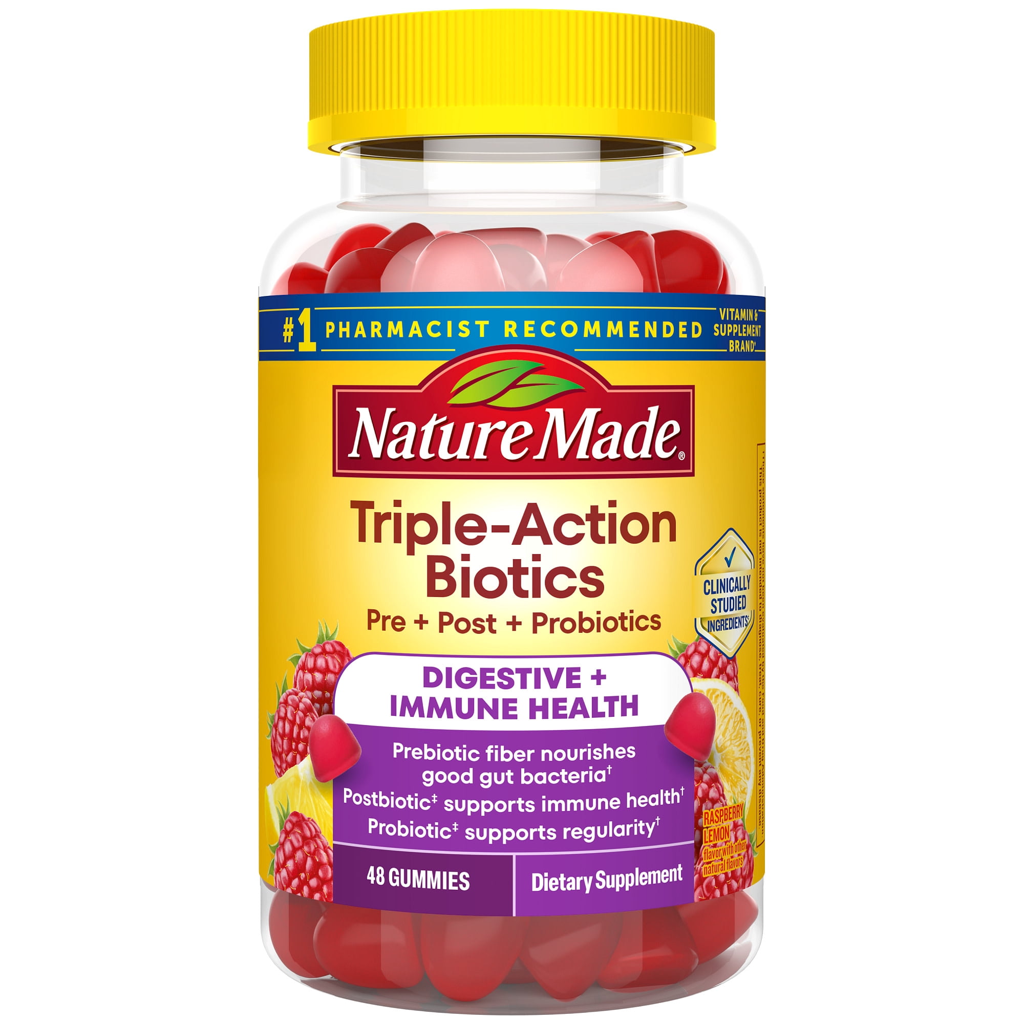 Nature Made Triple-Action Biotics, Prebiotic Fiber + Postbiotic + Probiotic Gummies, 48 Count