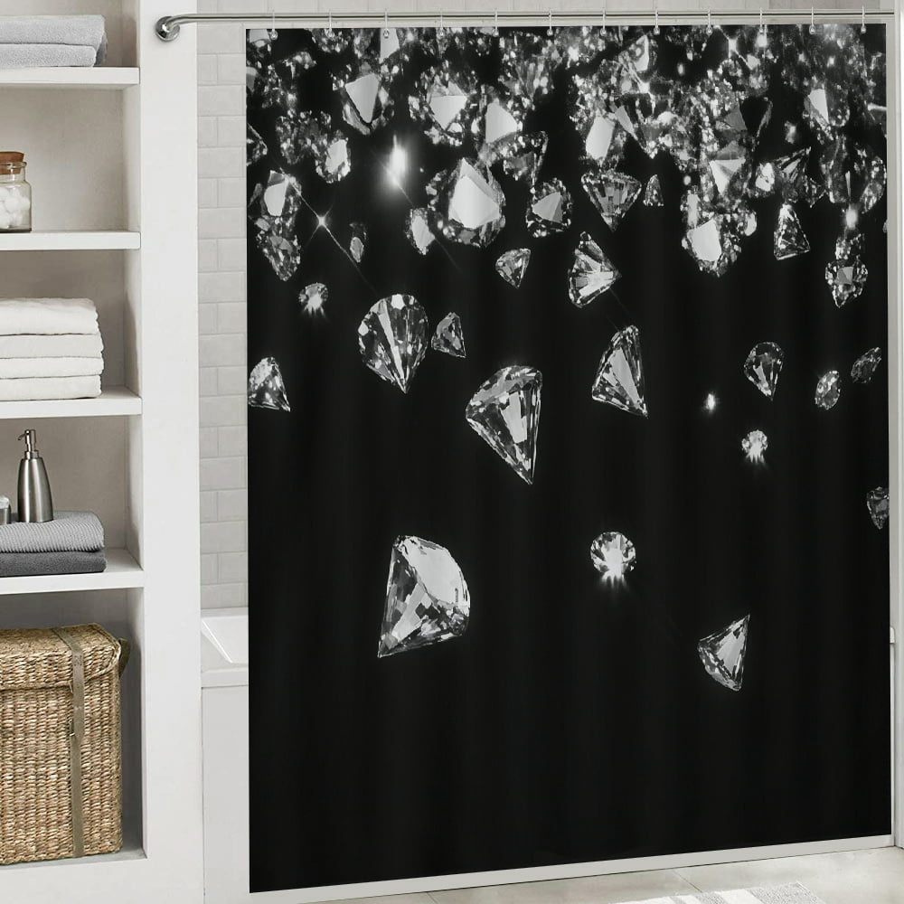 Patifu Diamonds Black White Hologram Bathroom Shower Curtain Set with Hooks 100% Polyester Fiber Washable Shower Curtain 69"x72