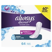 Always Discreet Incontinence Pads for Women, Heavy Absorbency, Long Length, 64 Count