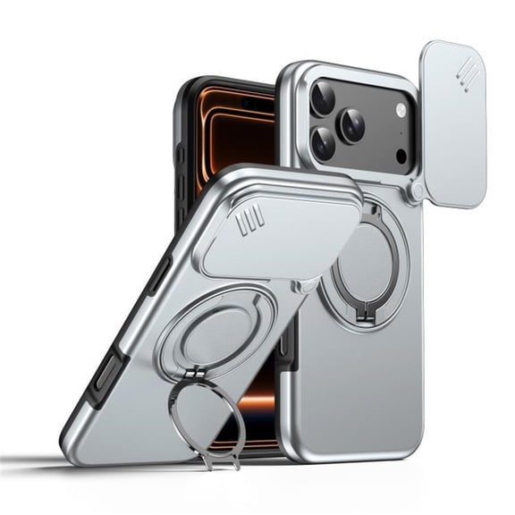 Slide Privacy Lens Phone Case for Apple iPhone 18 Pro Max / 17 Pro Max, Built-in Magnetic Ring 360° Rotatable Metal Kickstand Hard PC Soft TPU Shockproof Protective Case