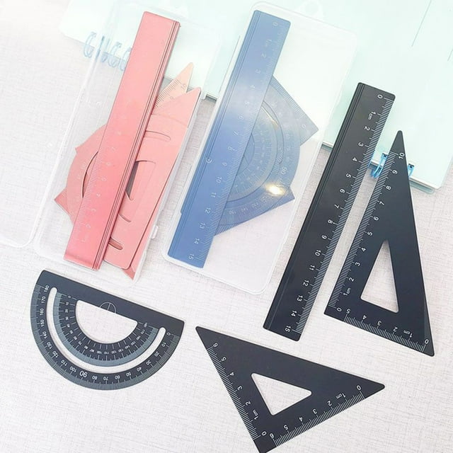 Juego de regla de dibujo de aleación de aluminio - Kit de regla metálica de 4 piezas con filo recto, reglas triangulares y transportador para geometría, dibujo y medición
