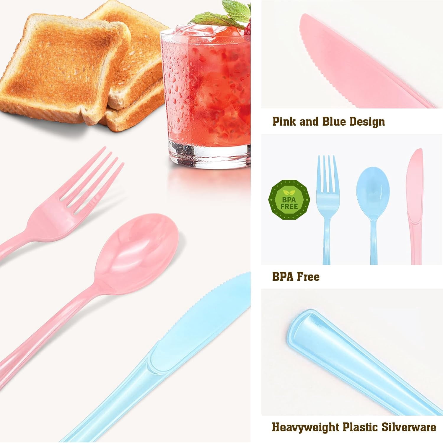150 Pcs Pink and Blue Cutlery Heavy Duty Light Pink and Baby Blue Plastic Silverware - 50 Plastic Forks, 50 Knives, 50 Spoons for Birthday Baby Shower Gender Reveal