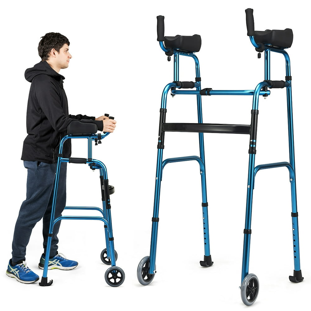 Costway Folding Wheel Walking Frame Adjustable Alloy Walker W/Armrest