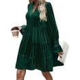thumbnail image 3 of Women'S Elegant Velvet Long Sleeve Dress Casual Fall V Neck A Line Babydoll Flowy Formal Wedding Party Mini Dress Dark Green M, 3 of 9