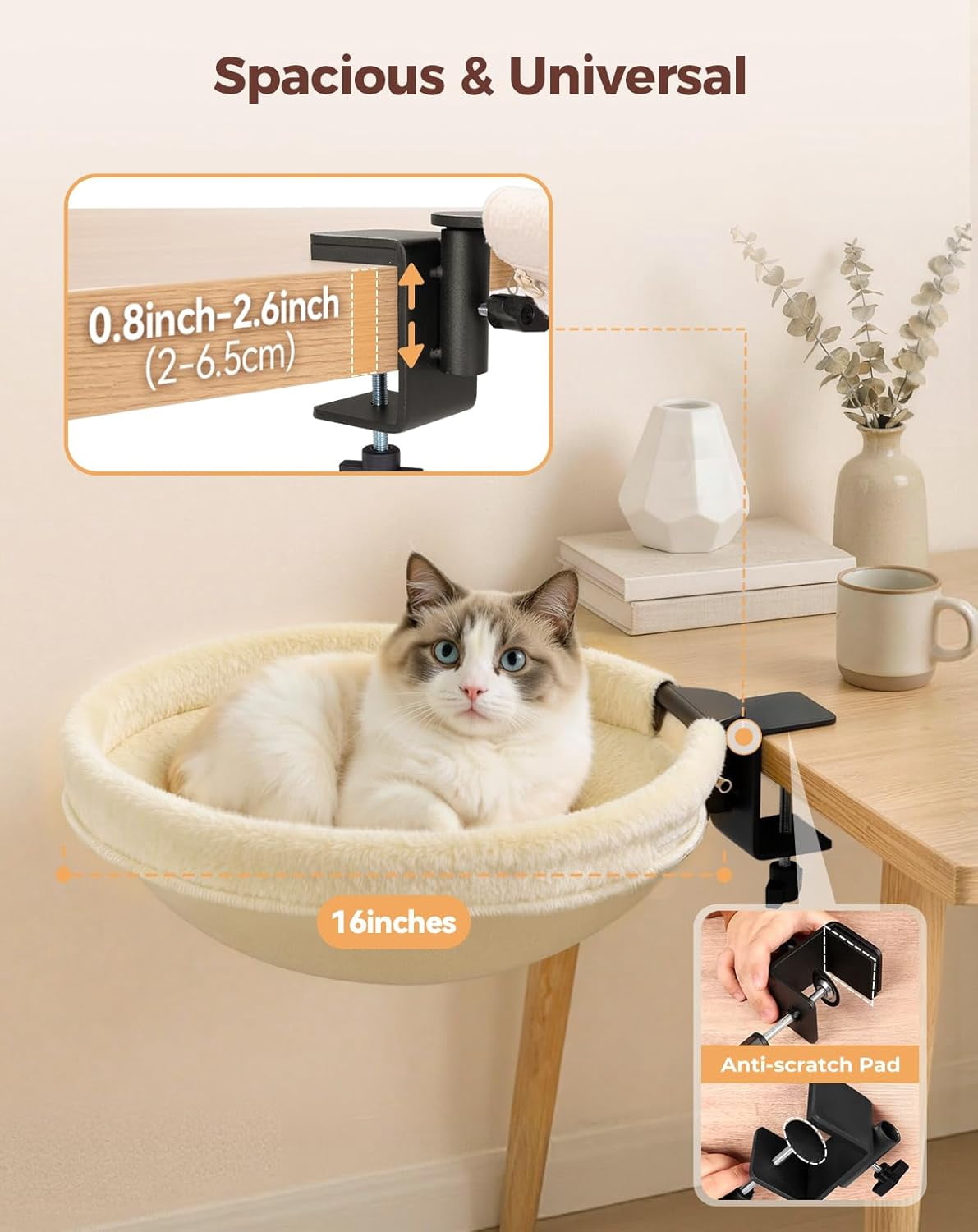 Cat Desk Bed, 16"x16" Sturdy Rotating Cat Bed for Desk with Removable Washable Soft Fabric Hammock Cover, Stable Holds Up to 50 lbs, Space Saving Cat Perch for Home Office, Game Table