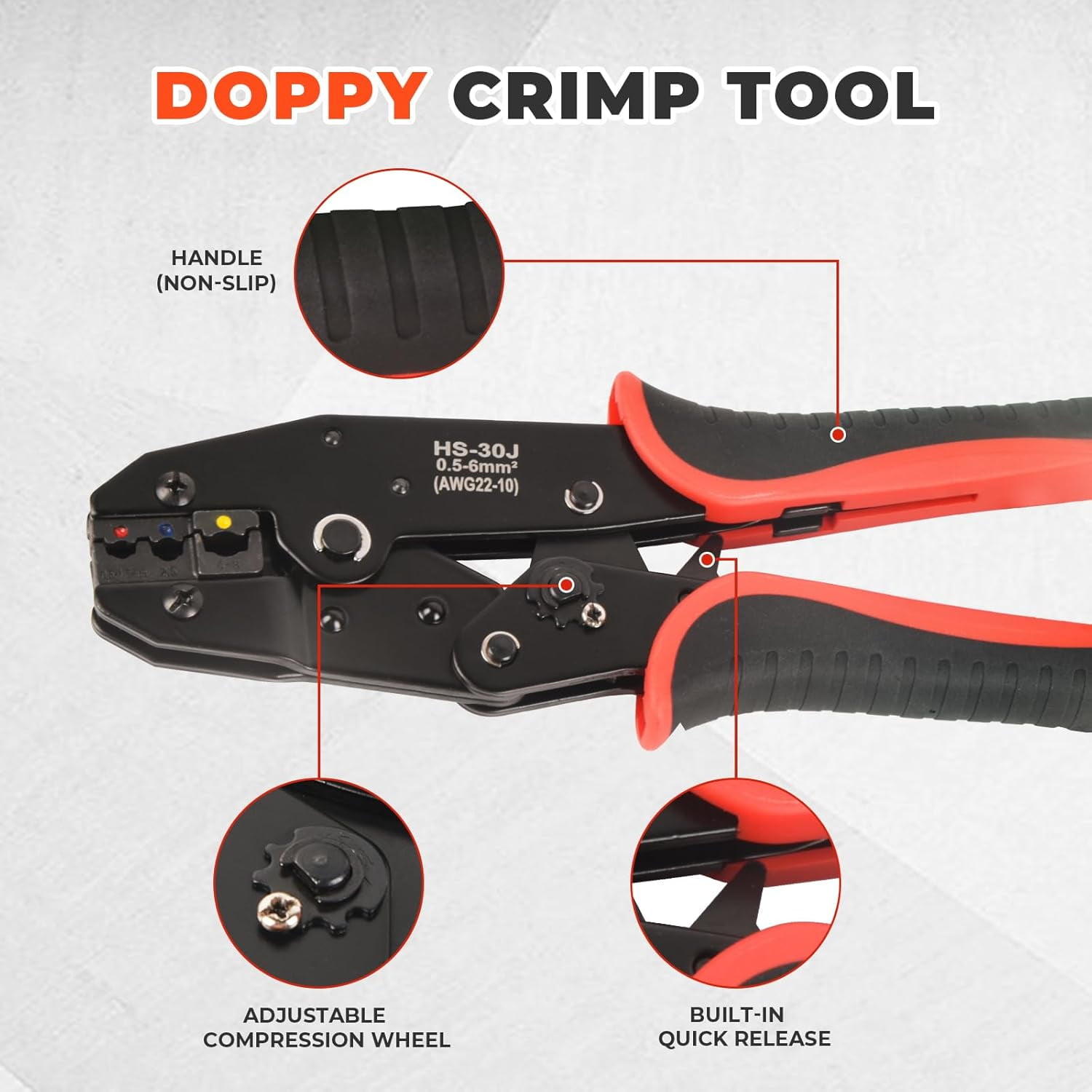 Dawot Professional Crimping Tool for Insulated Electrical Connectors - HS-30J Ratcheting Wire Crimper for 22-10 AWG (0.5mm²-6.0mm²) Wire Terminals & End-sleeves