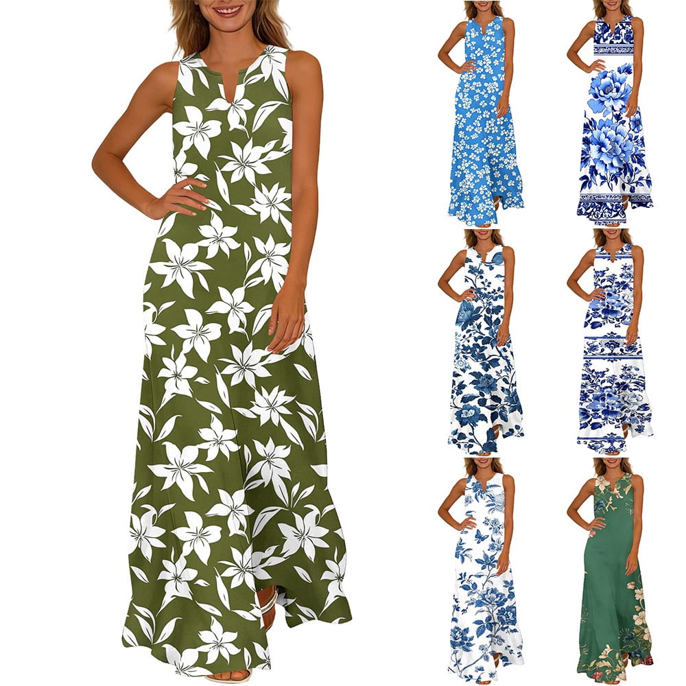 Otvok Womens Summer Floral Print Long Maxi Dress V Neck Sleeveless Tank Sundress Beach Vacation Outfits Boho Resort Style Easy Care