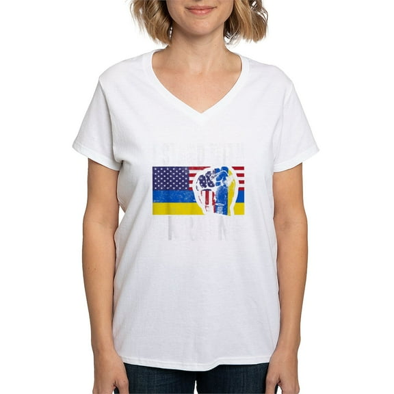 CafePress - I Stand With Ukraine Flag American Flag Su T Shirt - Womens Cotton V-Neck T-shirt