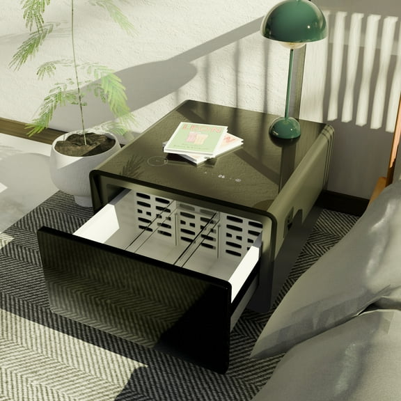 CoSoTower Modern Smart Side Table with Built-In Fridge, Wireless Charging, Temperature Control, Power Socket, USB Ports, Outlet Protection, Induction Light, Black