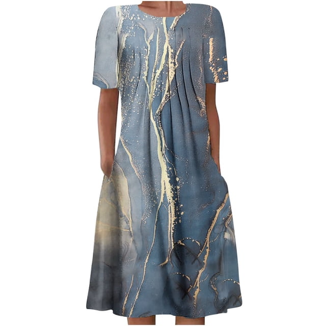 QJUHUNG Midi pour Femmes Été Décontracté en Vrac Boho Floral Imprimé Col Rond Manches Courtes Genou Longueur Robe Froncée avec Poches